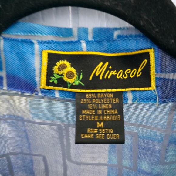 Mirasol Blue Abstract Blouse M – Linen Blend, Classic, Minimalist - Picture 4 of 8